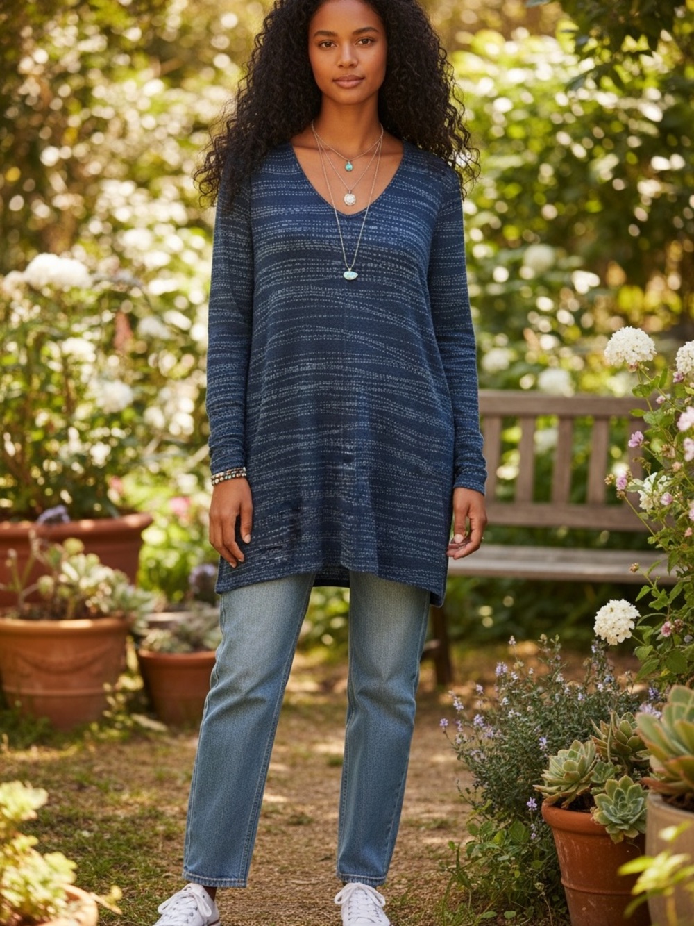 Pure‎ J.Jill Indigo Dotted Striped Long Sleeve Tunic Women's Knit Top L Blue